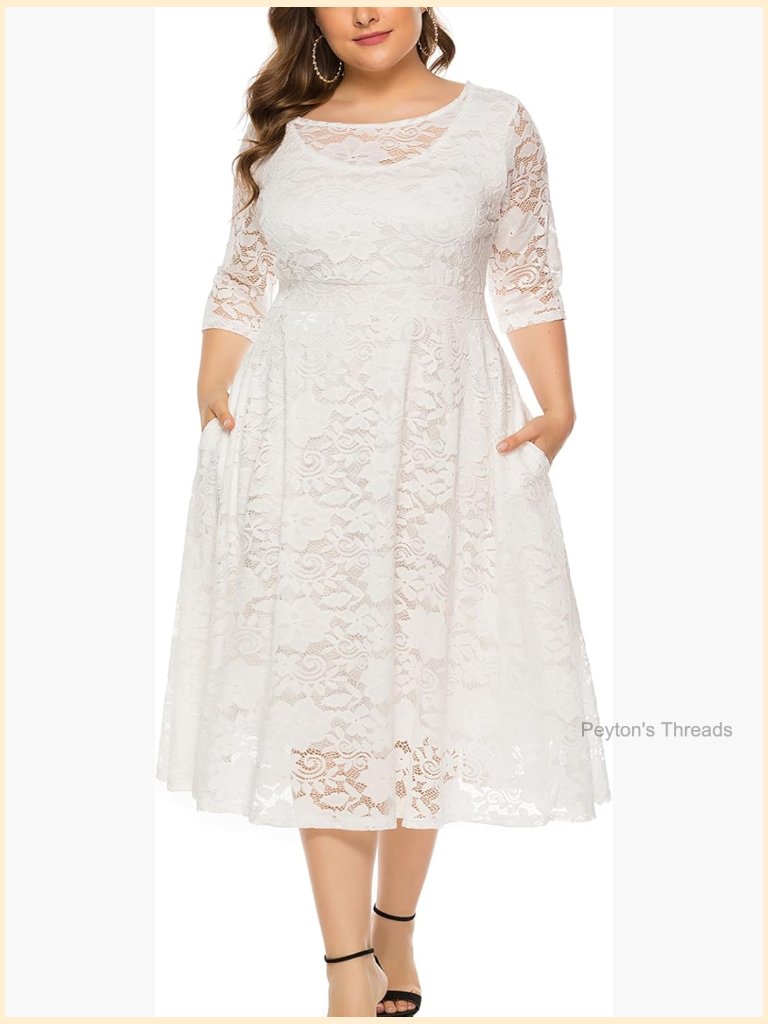 Plus Size Floral Lace Midi Dress Scoop Neck Cocktail Party A-Line With Pockets